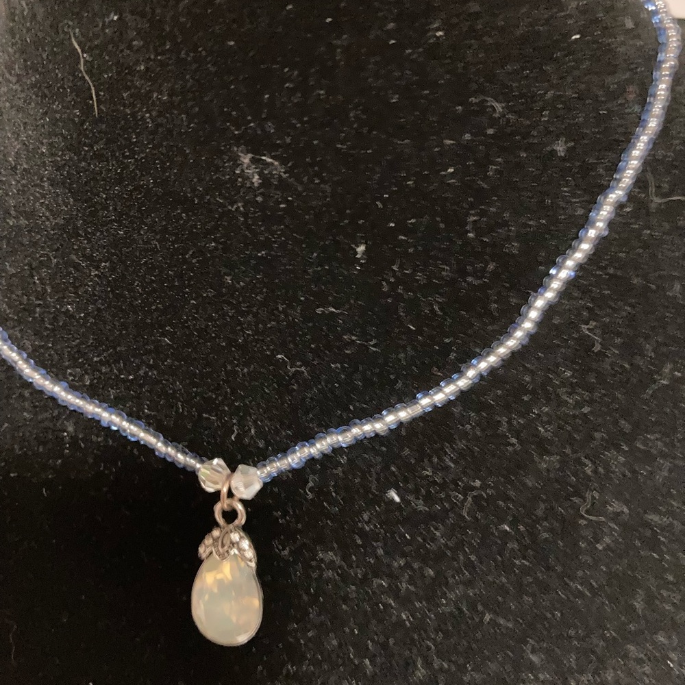 Handmade Elegant Blue Beaded Choker Necklace with Opal Pendant